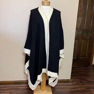 Sutton Studio Womens 100% Wool Knit Ruana Wrap Black Cream Contrast Trim OS